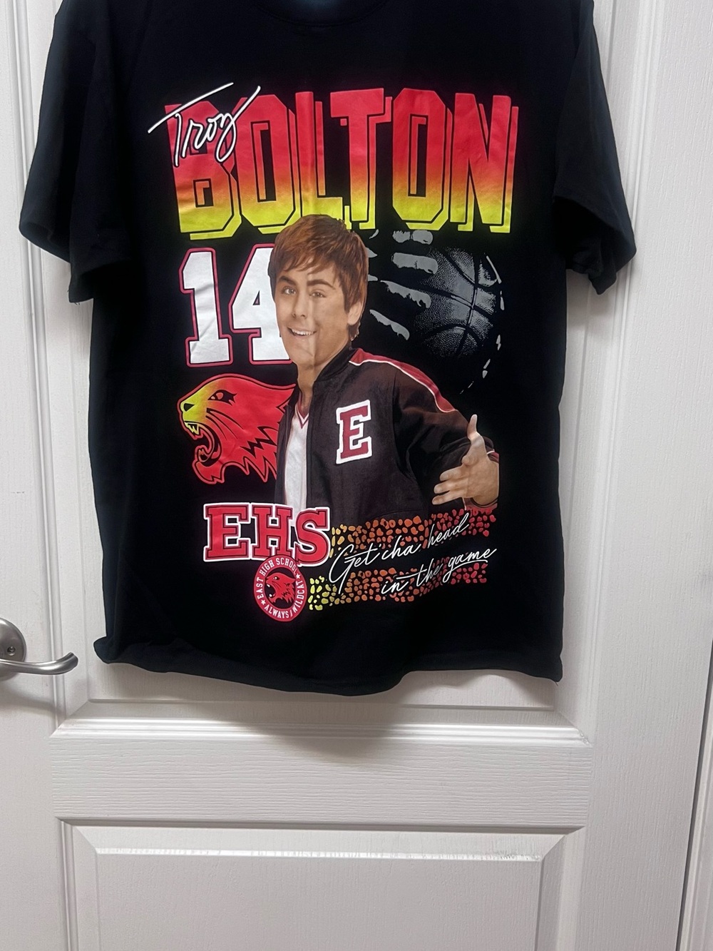 Disney Black Troy Bolton Graphic Tee with Red and Yellow Gradient